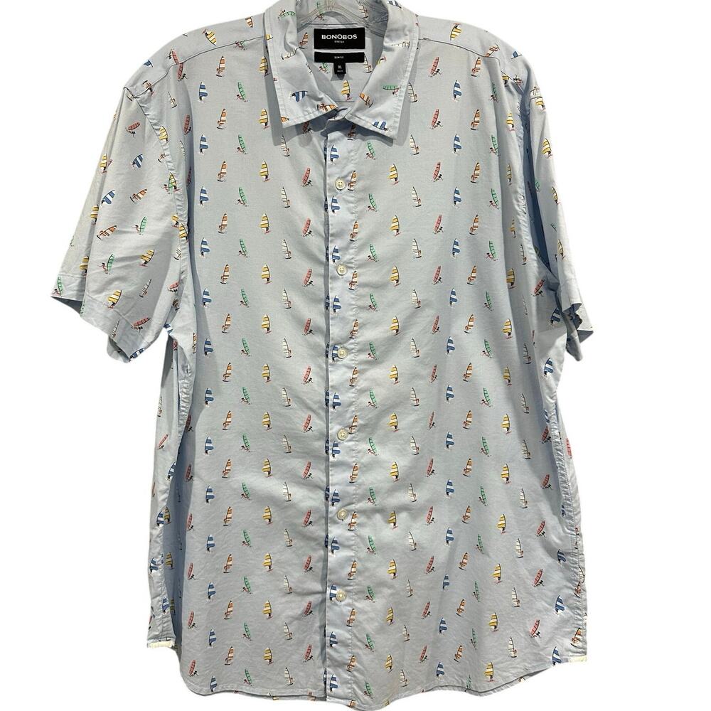 Bonobos Stretch Shirt Men's XL Slim Fit Blue Sail Print Short Sleeve Button Up